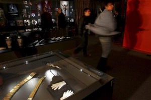 A Michael Jackson fan dances during an exhibition at the Fashion Museum in Santiago