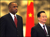 Photo courtesy news.bbc.co.uk. Dominican PM Roosevelt Skerrit (left) with Chinese PM Wen Jiabao, Beijing