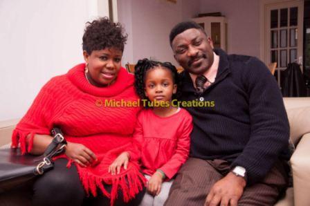 Theodora Ibekwe plays Elizabeth Okoh and Lanre Balogun who plays Simon Okoh; with Angel Agala (in the centre)