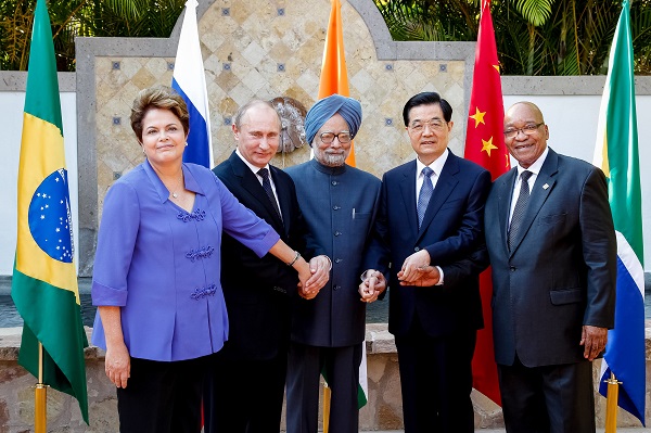 BRICS leaders (L-R) Brazilian President Dilma Rousseff, Russian President Vladimir Putin, Indian Prime Minister Narendra Modi, China’s President Xi Jinping and South Africa’s President Jacob Zuma. Photo courtesy commons.wikimedia.org