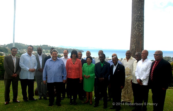 CARICOM Heads of Government pose for a group photo at the Prime Minister Official Residence on Tuesday morning. Photo courtesy Robertson Henry