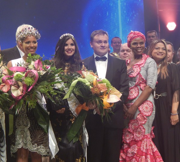 Left to right: Princess of the World 2014, Andella Chileshe Matthews from Zambia; First Princess, Monika Vacul?ková, Czech Republic (right); Ing Viktor Kr?a, President of the Princess of the World Pageant; Justina Mutale, Founder of Miss Zambia UK & Princess of the World Judge; Maya, Canada National Director & Princess of the World Judge