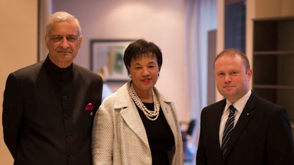 Newly elected Commonwealth Secretary General, Baroness Patricia Scotland (centre) is flanked by outgoing Secretary General Kamalesh Sharma (left), and Maltese Prime Minister Joseph Muscat. (Photo courtesy Commonwealth Secretariat)