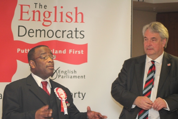Winston McKenzie following the acceptance of his English Democrats London Mayoral endorsement from Robin Tilbrook. Photo courtesy CaribDirect
