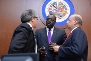 (left to right)   Luis Amagro, Secretary General of the OAS, Haiti Ambassador Bocchit Edmond and Sir Ronald Sanders.