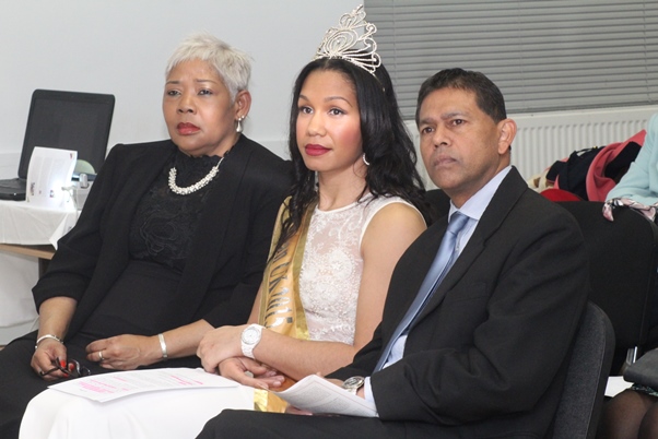 Minister Counselor Althea Banahene-Vanderpoole, Miss Caribbean UK Miss Amy Harris-Willock and High Commissioner for Mauritius in London, Mr Girish Nunkoo. Photo courtesy CaribDirect