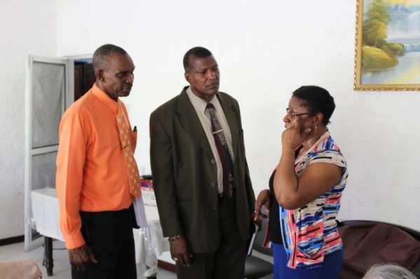 Pamela Hill (right) in conversation with Chairman of the National Assistance Board Senator David Durant (centre) and Deputy Director Andrew Browne when they visited the home this afternoon. Photo courtesy http://www.barbadostoday.bb/